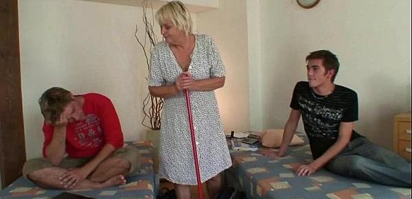  Old cleaning woman takes two hard cocks
